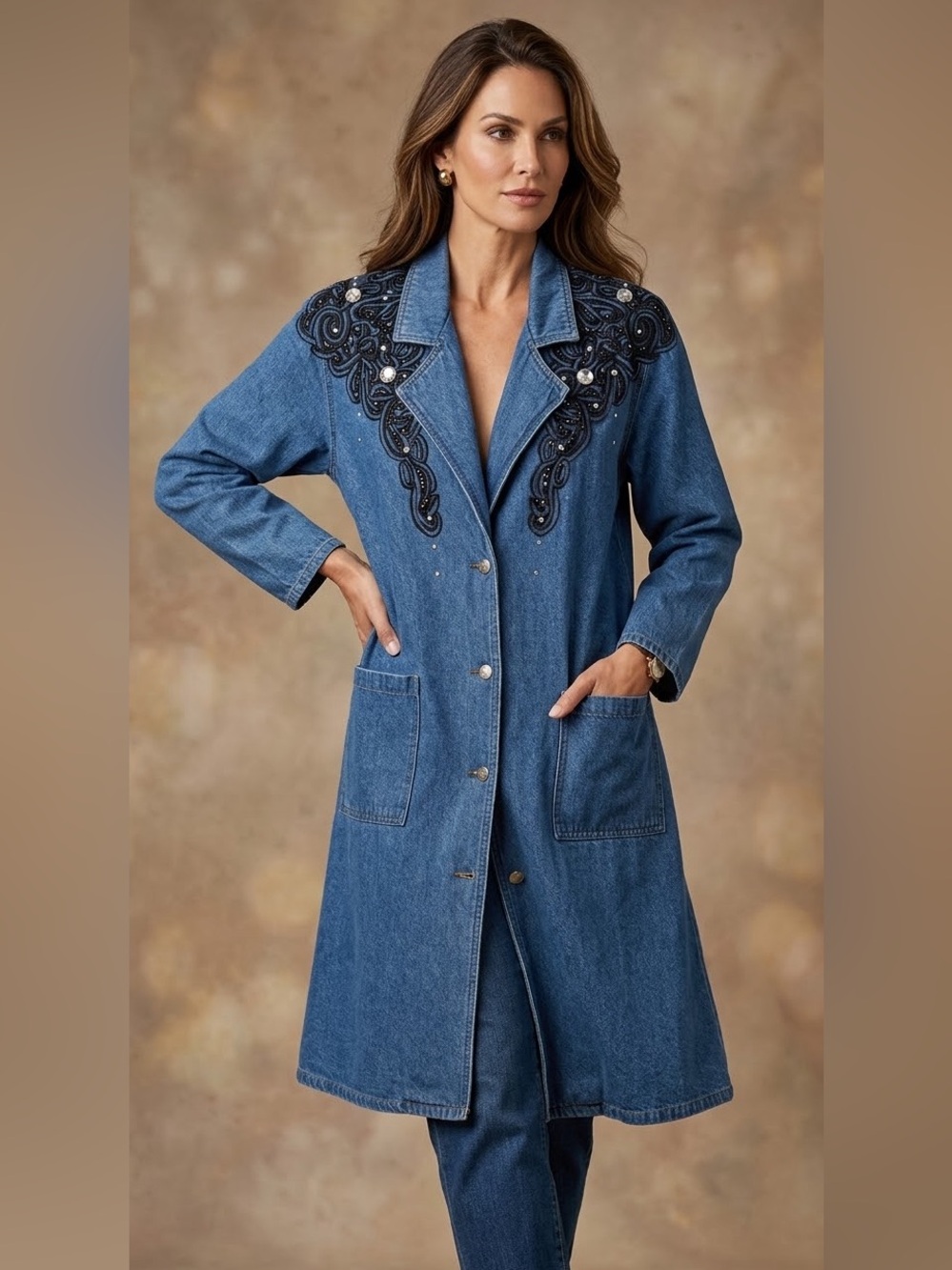Vintage Denim Western Duster Coat L Medium Wash With Ribbon And Rhinestone Emb.